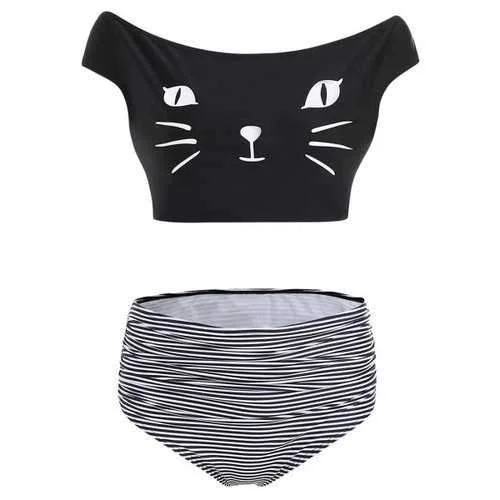 Durable swim sets for frequent pool use -Cat Print Ruched Skew Neck Bikini Set - Black L