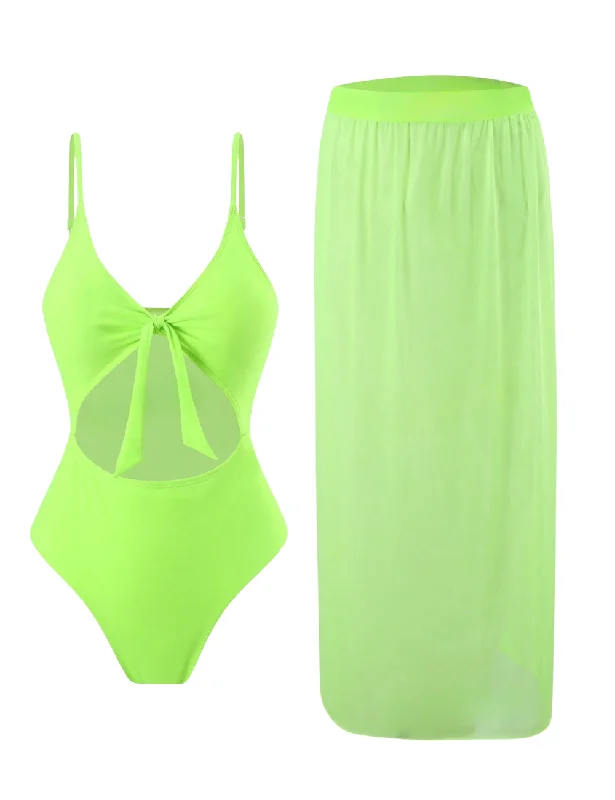 Gray One-Pieces for Subtle -Neon Lime Cut Out Swimsuit & Skirt Set