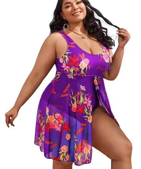 Brown One-Pieces for Earthy -Plus Floral Print Purple Split One Piece Swimsuit