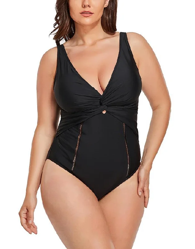 Purple One-Pieces for Royalty -Black Ruched V-neck One Piece Swimsuit