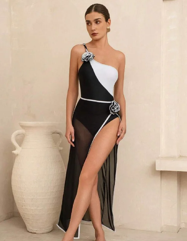 Minimalist One-Pieces for Simplicity -B/W One Shoulder Flower Applique Swimsuit & Sarong