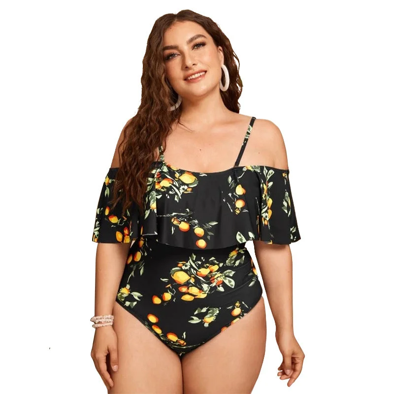 High-Waisted One-Pieces for Shape -Off the shoulder One Piece Swimsuit Fruit Print