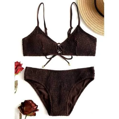 Lightweight bikini swim sets for quick swims -Lace-up Shirred Bikini Set - Deep Brown S