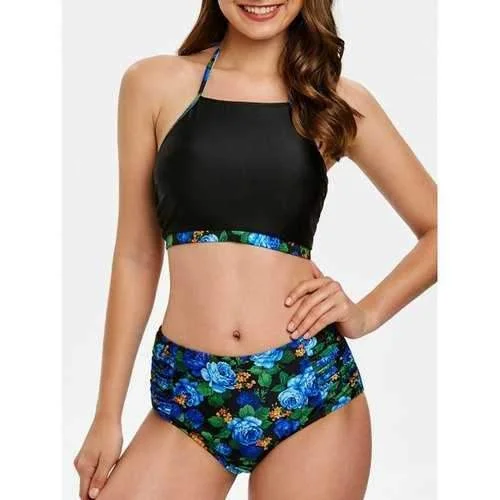 Adjustable swim sets for personalized fit ease -Halter Floral Print Ruched Bikini Set - Black Xl