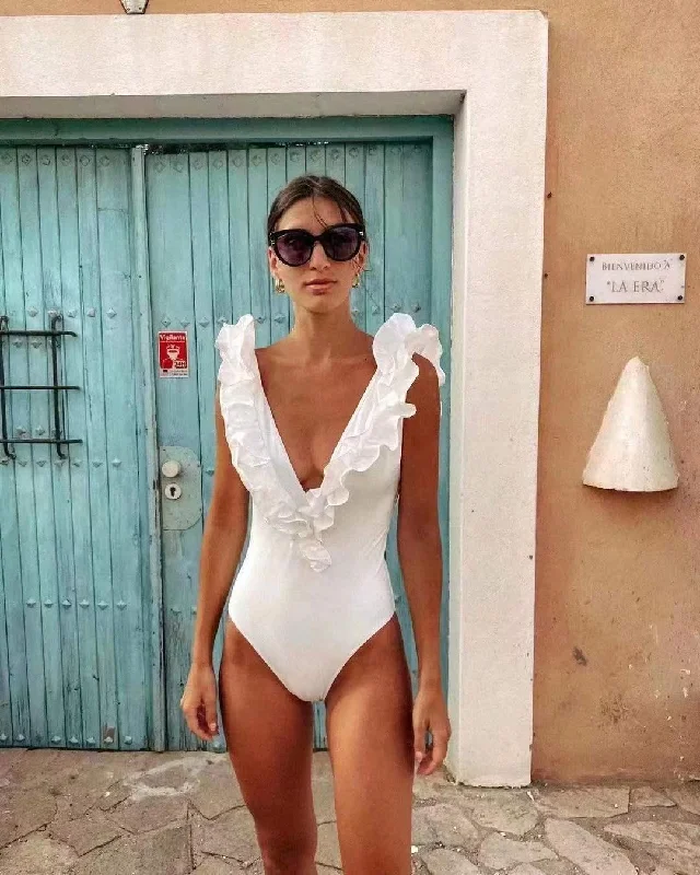 Bohemian One-Pieces with Tassels -White Flounce Swimsuit