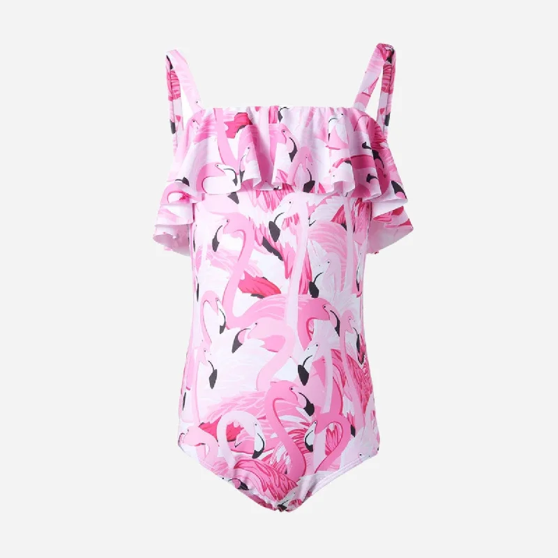 Nursing One-Pieces for Mothers -Pink Flamingo Girls Swimsuit with Frill