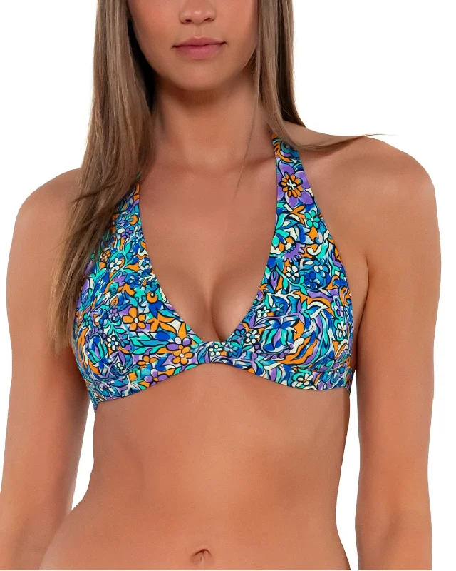 Supportive high-neck swim sets for active days -2024 Sunsets Pansy Fields Faith Halter Top - 627T