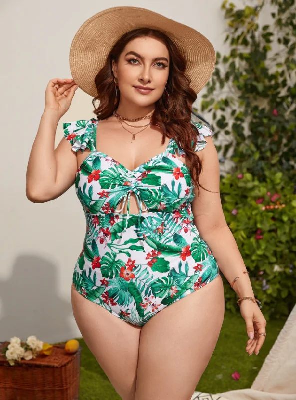 Geometric One-Pieces for Design -Plus Tropical Print Drawstring Cut Out Ruffle Trim One Piece Swimsuit Green