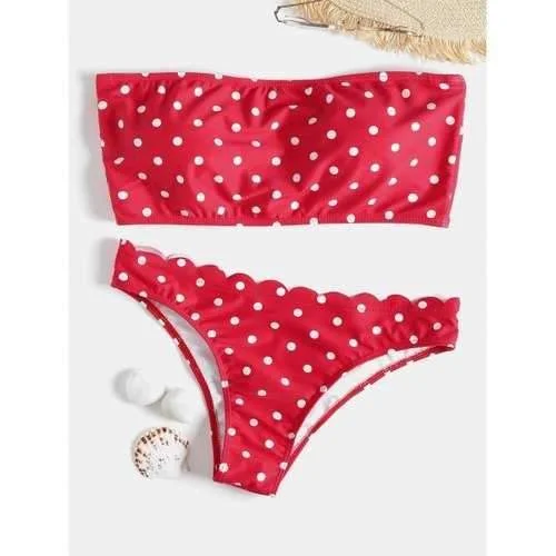 High-neck swim sets for modest chic coverage -Polka Dot Bandeau Scalloped Bikini - Red S