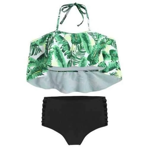 Durable swim sets with UV protection fabric -Tropical Print Ladder Cut Out Bikini Set - Clover Green M