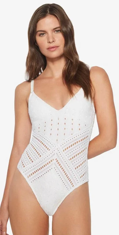 Yoga One-Pieces for Flexibility -Robin Piccone Clarissa V Neck Crochet One Piece In White 180311-WHT