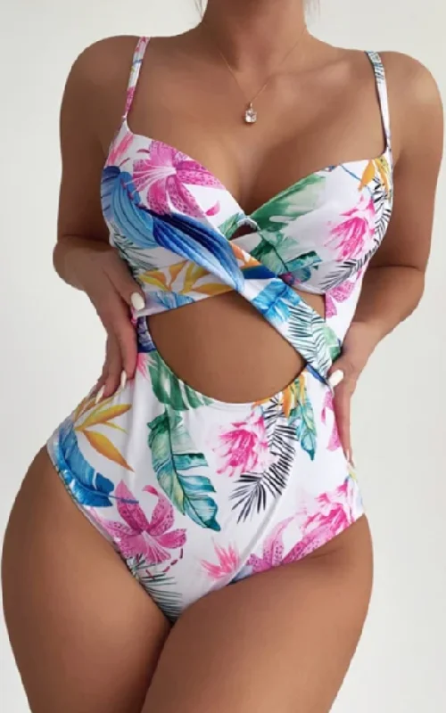 Purple One-Pieces for Royalty -Floral Print Wrap Cross Push Up One Piece Swimsuit White