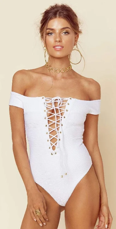 Wrap One-Pieces for Versatile -Blue Life Off Shoulder One Piece In White Jacquard 390-9466-WHT