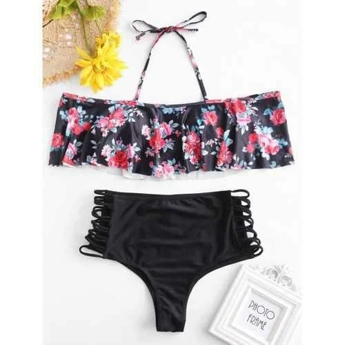 Luxury swim sets with shimmering fabric finish -Floral Halter Cut Out Bikini Set - Black Xl