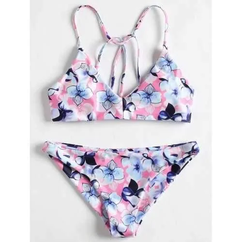 Cute halter swim sets for youthful style -Flowers Print Low Waisted Bikini - Light Pink Xl