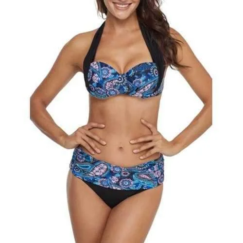 Retro swim sets with vintage stripe patterns -Halter Paisley Print Bikini Set - Multi-b M