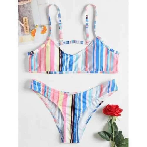 Cute high-neck swim sets for modern modesty -Striped Thong Bikini Set - Light Pink Xl