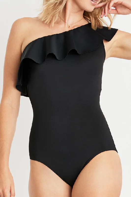 Business One-Pieces for Meeting -Vanessa Ruffle One Shoulder One-piece Swimsuit in Black